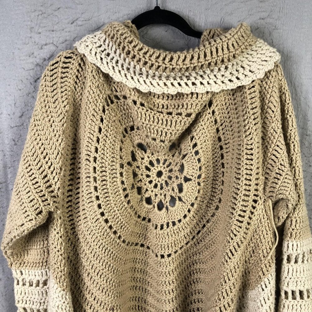 Crochet Cardigan Sweater Womens Handmade Beige Grannycore Boho Hippie Retro 70s - Picture 5 of 15